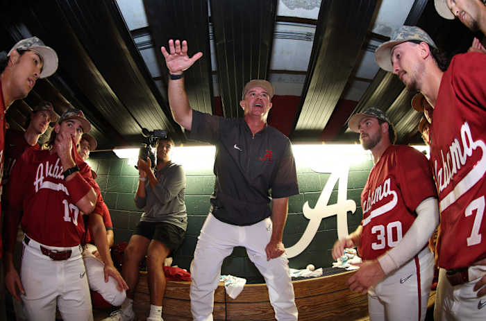 Alabama interim head coach Jason Jackson congratulates his team after beating Boston College at Sewell-Thomas Stadium in Tuscaloosa, Ala. on Sunday, June 4, 2023.